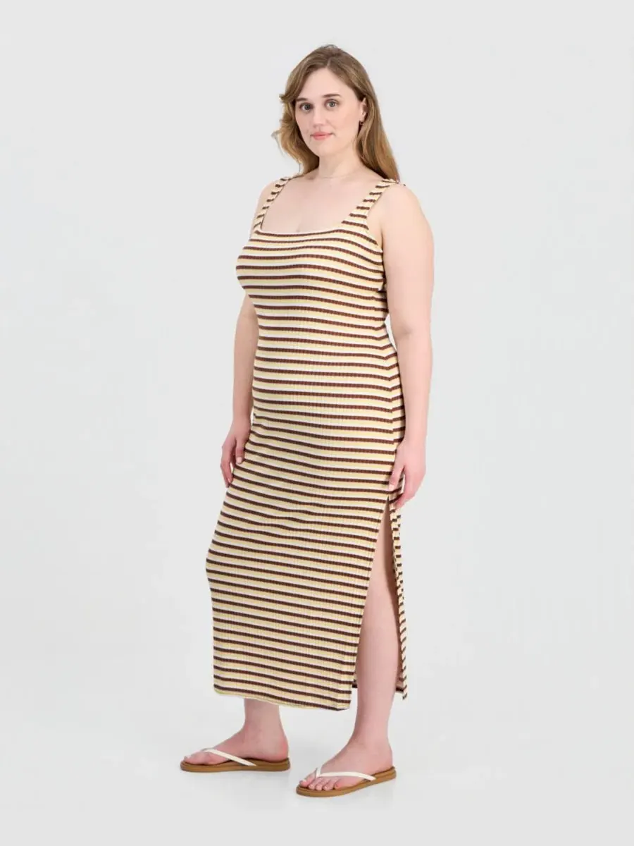 Платье-макси без рукавов с принтом в полоску, модель Trendy Plus Size Printed Ribbed Knit — изображение 3 из 5, белый/желтый