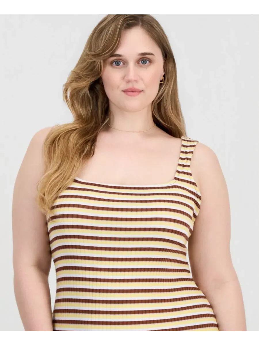 Платье-макси без рукавов с принтом в полоску, модель Trendy Plus Size Printed Ribbed Knit — изображение 4 из 5, белый/желтый