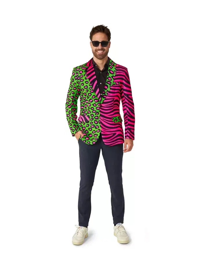 Мужской праздничный блейзер - неоновый принт с животными Slim Fit - зеленый - розовый Suitmeister — изображение 4 из 4