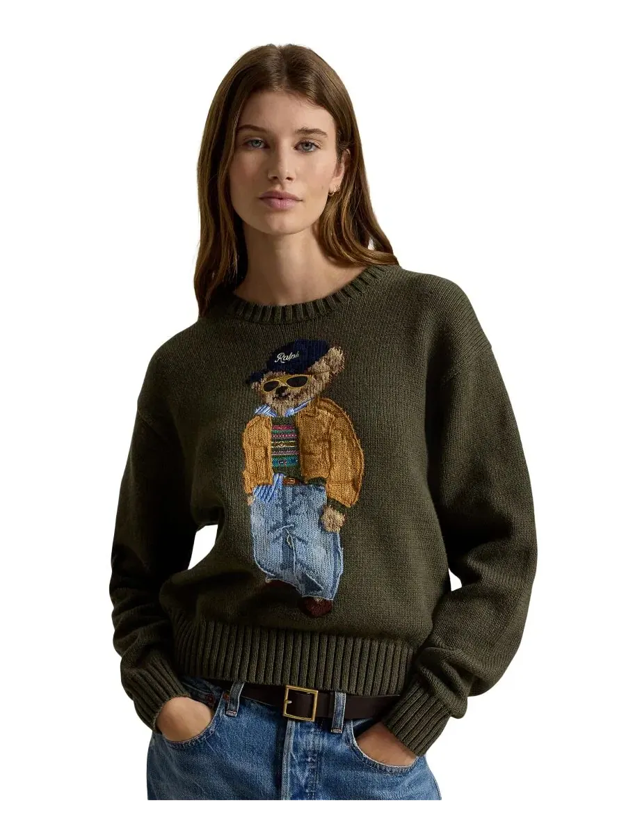 Свитер из хлопка с поло-мишкой Polo Ralph Lauren — изображение 1 из 5, оливковый