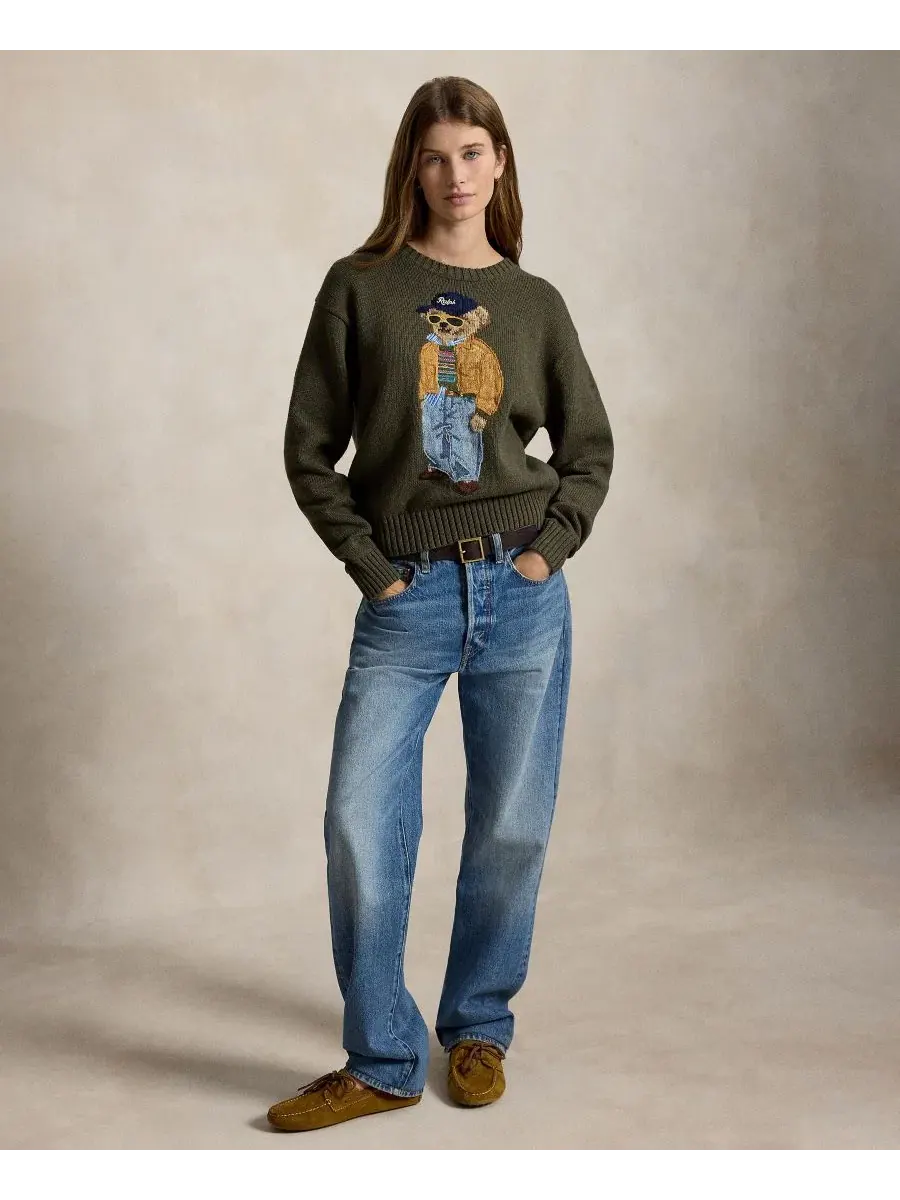 Свитер из хлопка с поло-мишкой Polo Ralph Lauren — изображение 2 из 5, оливковый