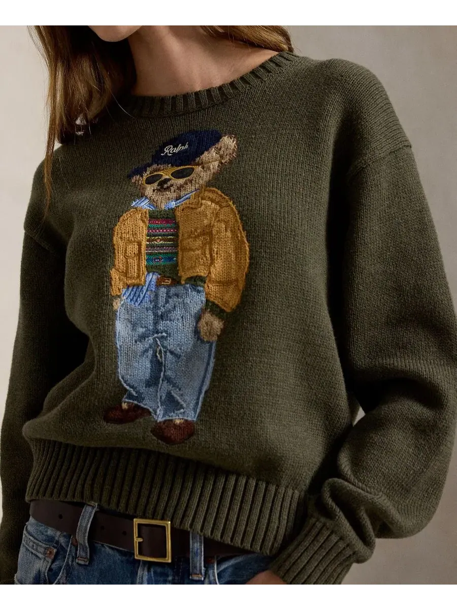 Свитер из хлопка с поло-мишкой Polo Ralph Lauren — изображение 3 из 5, оливковый