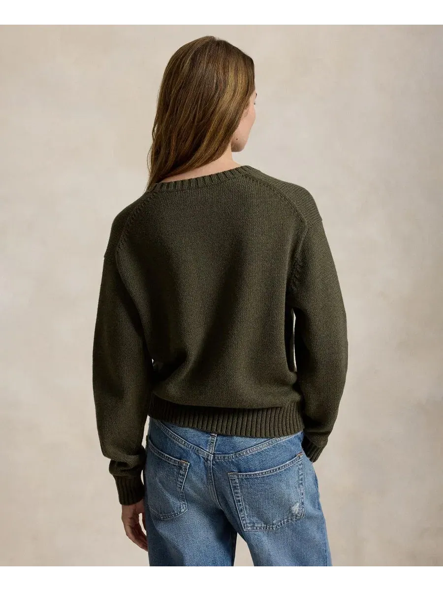 Свитер из хлопка с поло-мишкой Polo Ralph Lauren — изображение 4 из 5, оливковый