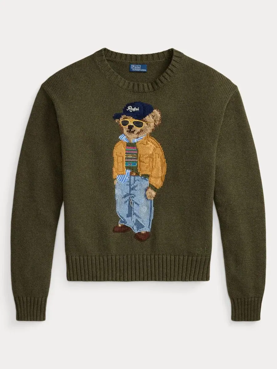 Свитер из хлопка с поло-мишкой Polo Ralph Lauren — изображение 5 из 5, оливковый