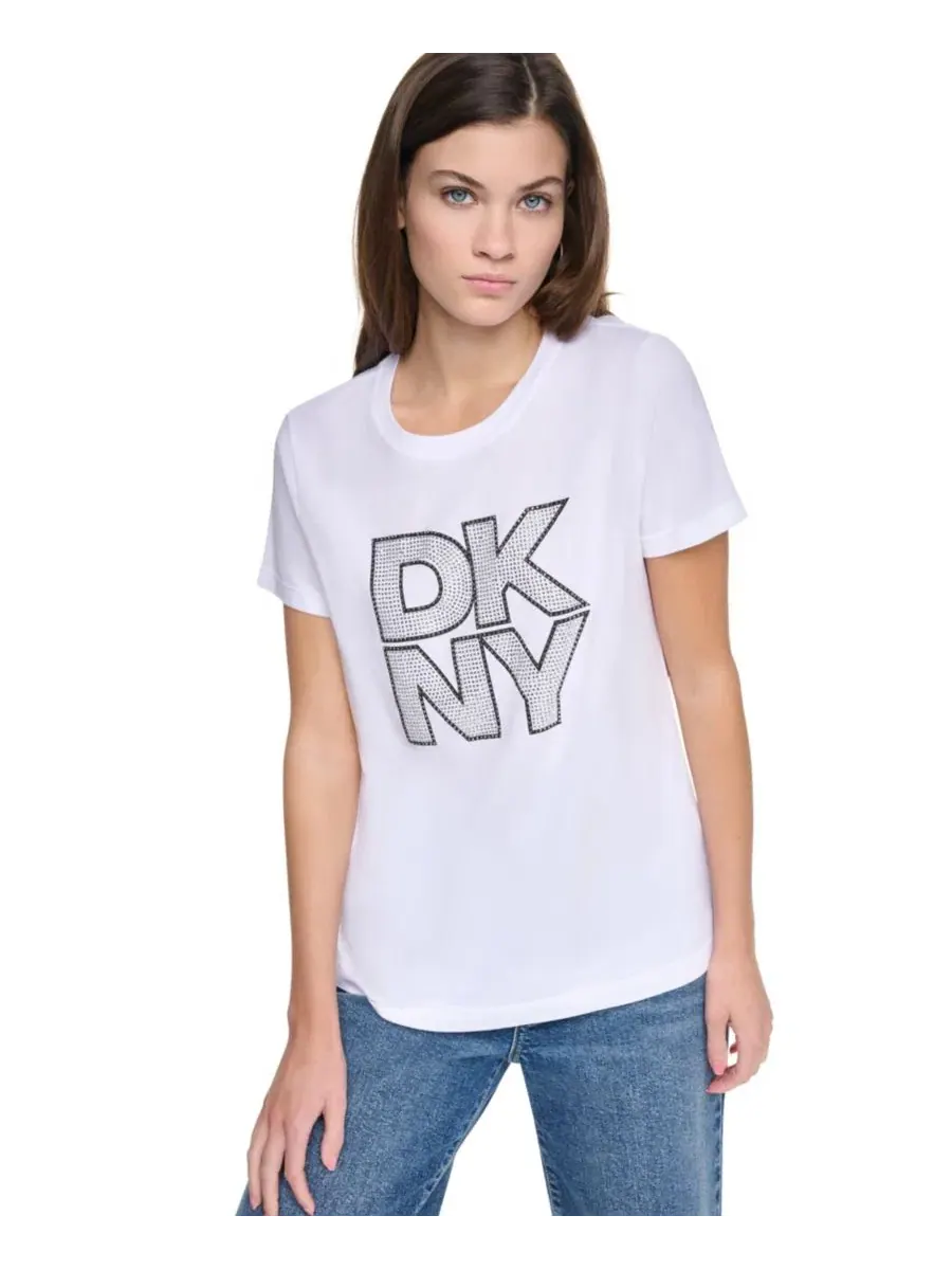 Футболка с коротким рукавом и круглым вырезом с принтом из страз - DKNY Jeans — изображение 1 из 4, белый/черный прозрачный