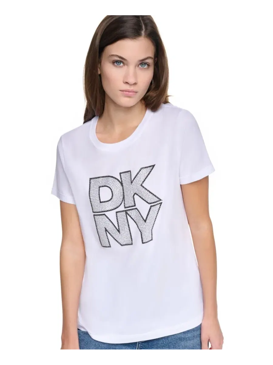 Футболка с коротким рукавом и круглым вырезом с принтом из страз - DKNY Jeans — изображение 2 из 4, белый/черный прозрачный