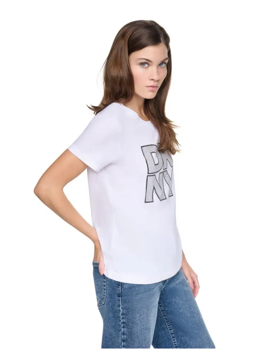 Футболка с коротким рукавом и круглым вырезом с принтом из страз - DKNY Jeans — изображение 3 из 4, белый/черный прозрачный