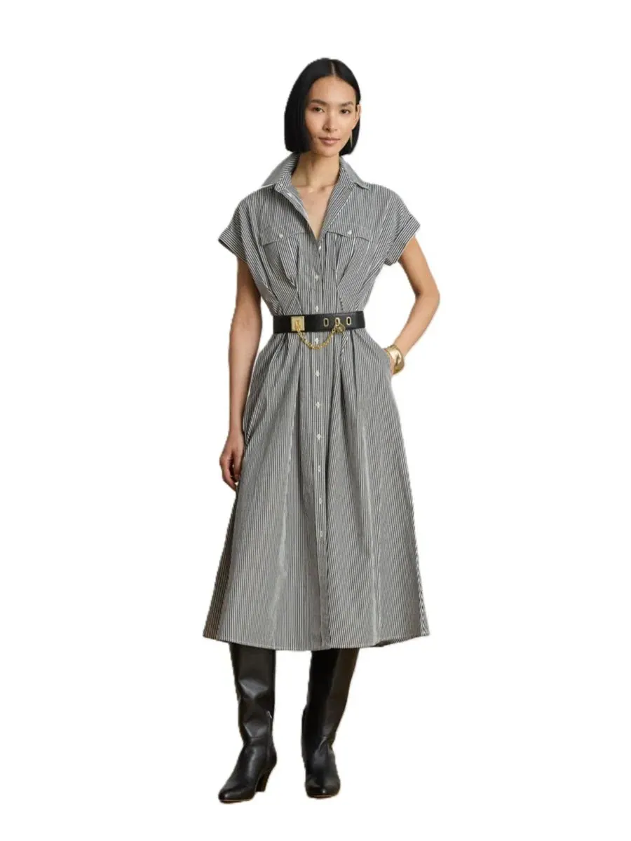 Платье-рубашка с полоской и плиссировкой, модель Striped Pleated Broadcloth Shirt Dress Lauren