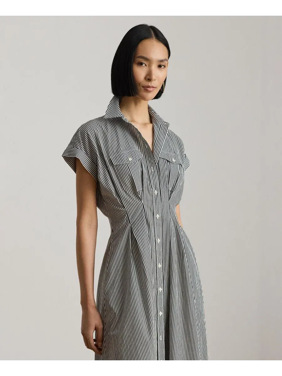 Платье-рубашка с полоской и плиссировкой, модель Striped Pleated Broadcloth Shirt Dress Lauren — изображение 3 из 6