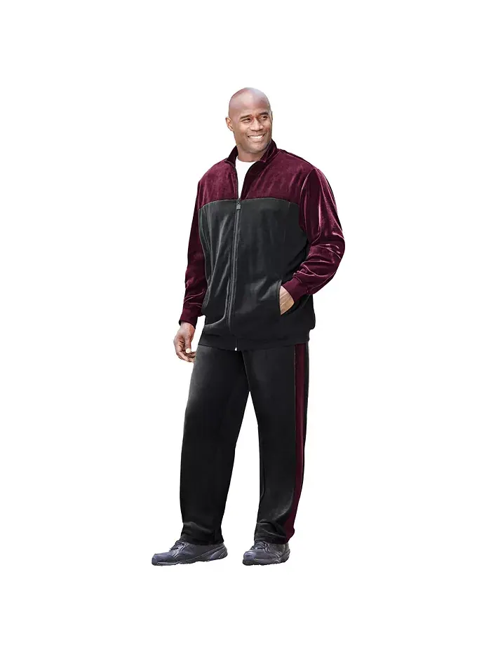 Спортивный костюм Big & Tall с цветными блоками из велюра KingSize — изображение 1 из 3, глубокий бордовый черный
