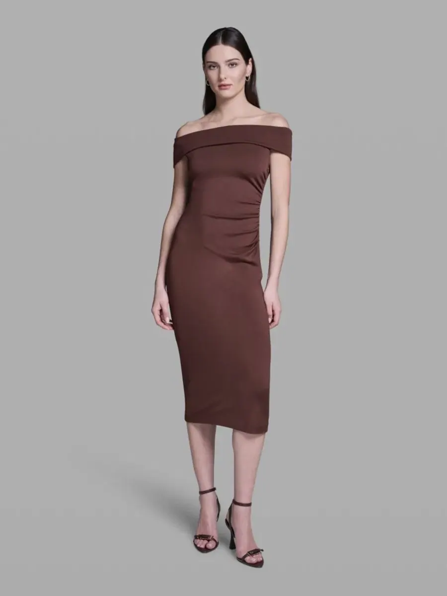 Платье-миди без рукавов с боковой драпировкой BCBG, Espresso Dusk — изображение 1 из 5, бежевый
