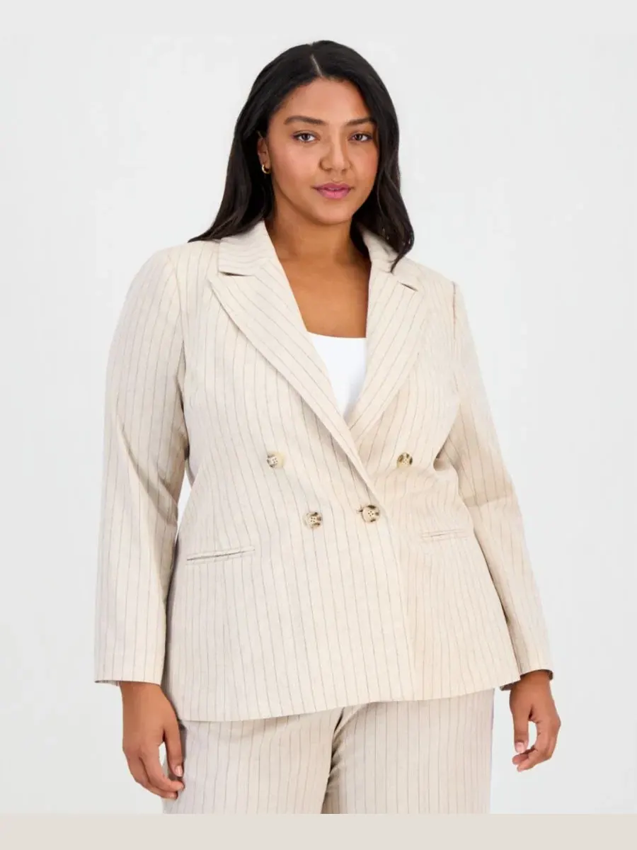 Пиджак двубортный в полоску Plus Size Tahari ASL, Dune Espresso — изображение 1 из 4, бежевый