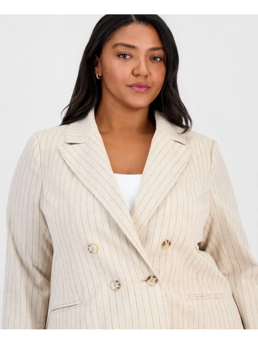Пиджак двубортный в полоску Plus Size Tahari ASL, Dune Espresso — изображение 3 из 4, бежевый
