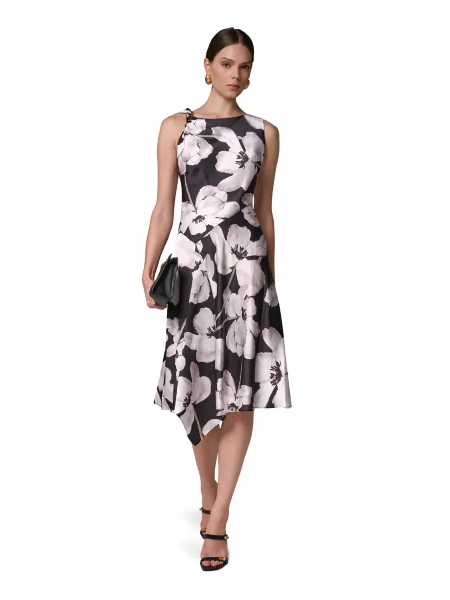 Платье миди с асимметричным подолом и принтом, модель Floral Asymmetrical Hem Boat Neck Midi Dress — изображение 1 из 7