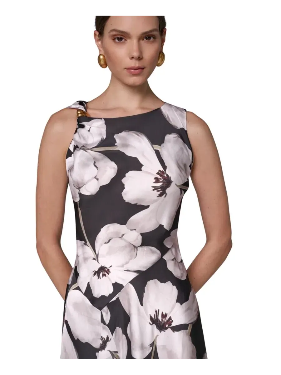 Платье миди с асимметричным подолом и принтом, модель Floral Asymmetrical Hem Boat Neck Midi Dress — изображение 3 из 7
