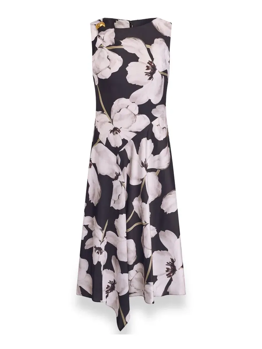 Платье миди с асимметричным подолом и принтом, модель Floral Asymmetrical Hem Boat Neck Midi Dress — изображение 5 из 7