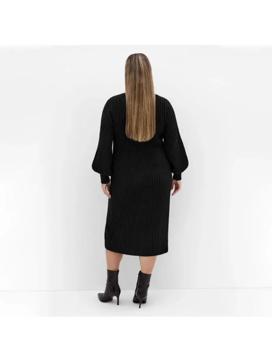 Платье Sarah с длинными рукавами и ребристой отделкой больших размеров CITY CHIC — изображение 2 из 4, черный