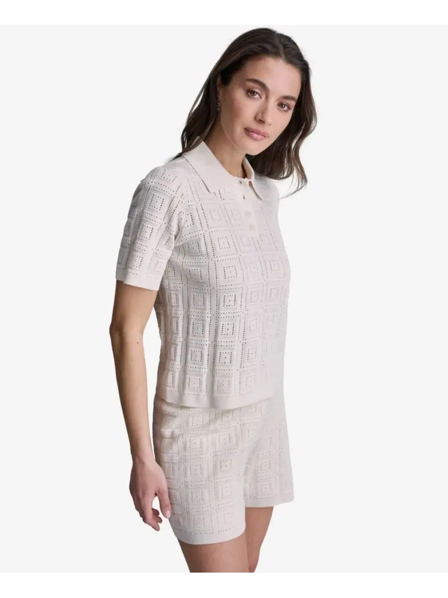 Женская футболка-поло с коротким рукавом и ажурной строчкой BCBG — изображение 3 из 6, белый