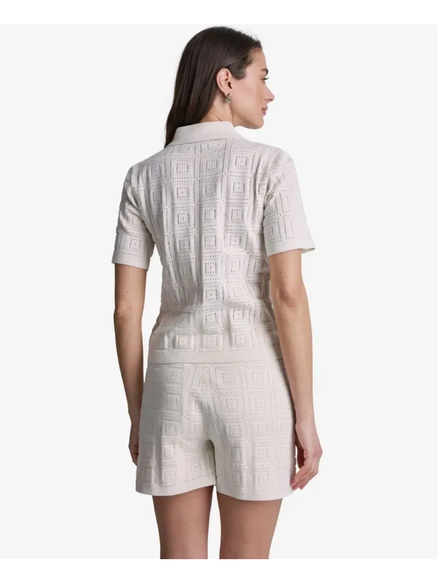 Женская футболка-поло с коротким рукавом и ажурной строчкой BCBG — изображение 5 из 6, белый