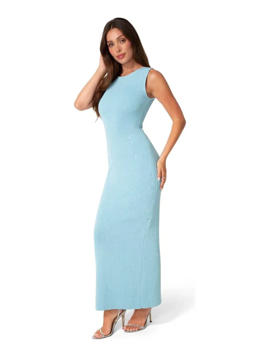 Макси-платье с кристаллами и люрексом, модель Lurex Crochet Boatneck Maxi Dress Bebe — изображение 2 из 3, светлый синий