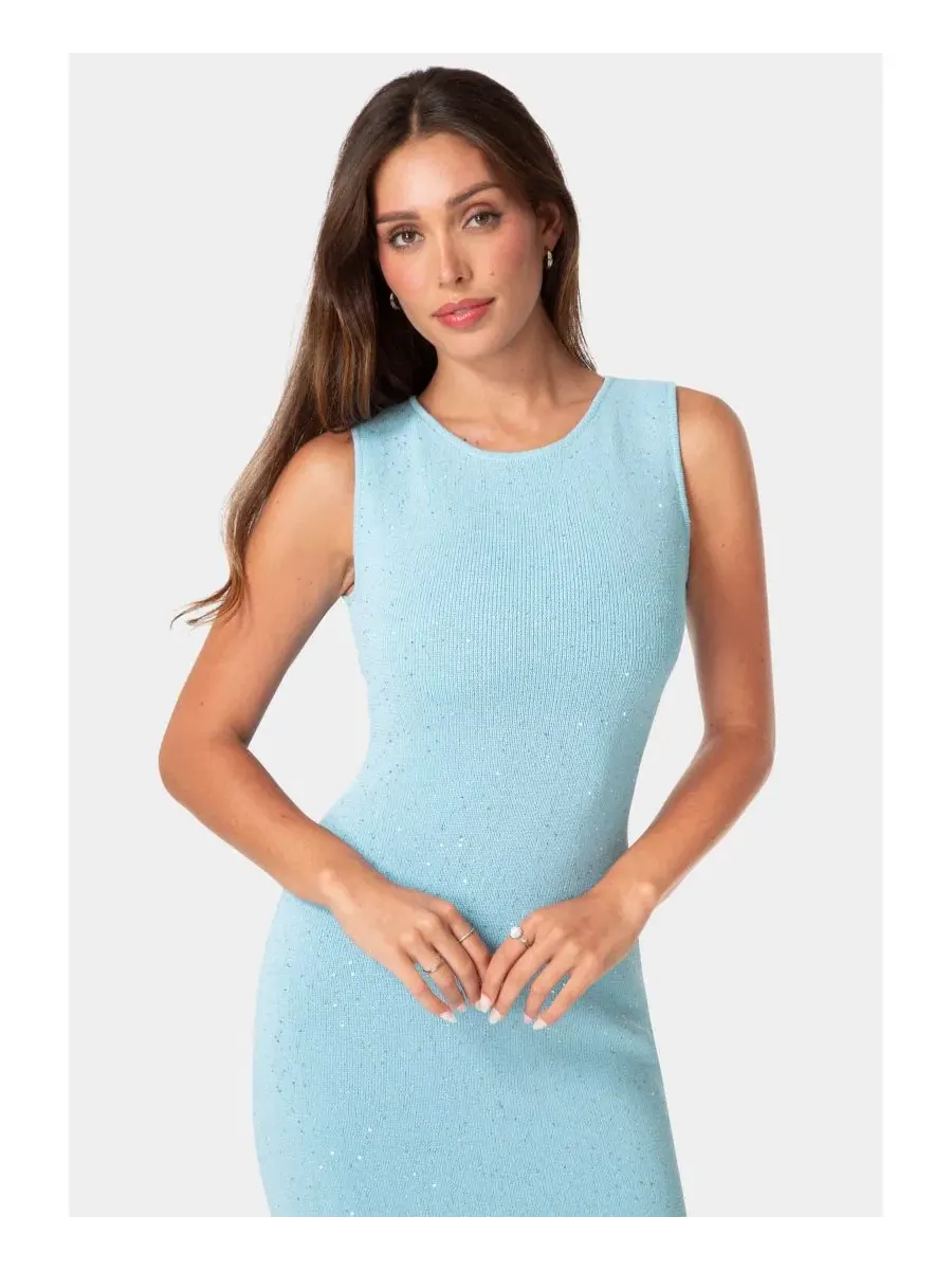 Макси-платье с кристаллами и люрексом, модель Lurex Crochet Boatneck Maxi Dress Bebe — изображение 3 из 3, светлый синий
