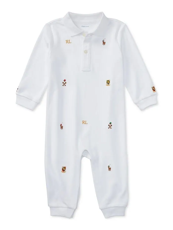 Хлопковый комбинезон-поло с вышивкой для маленьких мальчиков Polo Ralph Lauren — изображение 1 из 4, белый