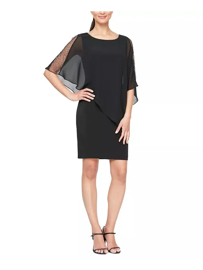 Женское платье-футляр из шифона с рукавами-накидкой SL Fashions — изображение 1 из 3, черный