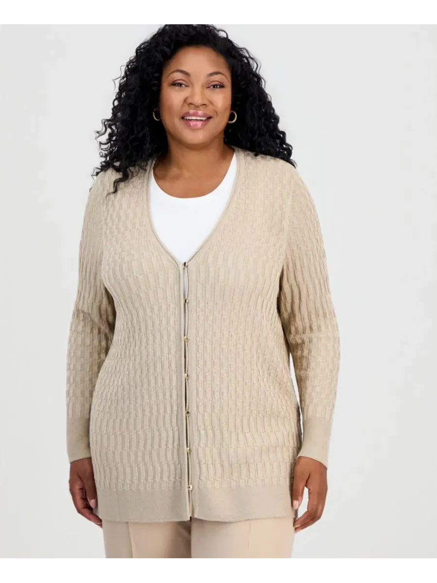 Кардиган из текстурированного трикотажа с металлической нитью Plus Size JM Collection — изображение 1 из 4, коричневый