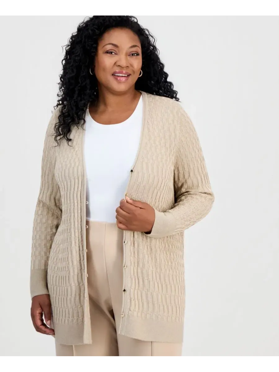 Кардиган из текстурированного трикотажа с металлической нитью Plus Size JM Collection — изображение 2 из 4, коричневый