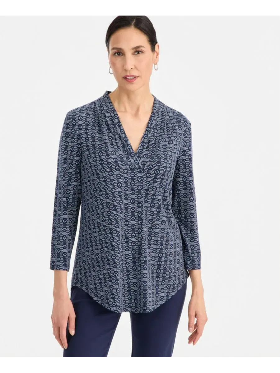 Женский топ с V-образным вырезом и рукавом 3/4 JM Collection — изображение 1 из 4, синий