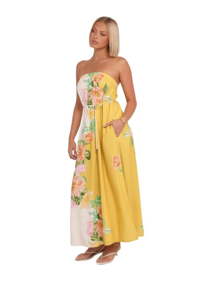 Макси-платье без бретелек с принтом Marlia Maxi Petal and Pup — изображение 2 из 4, желтый