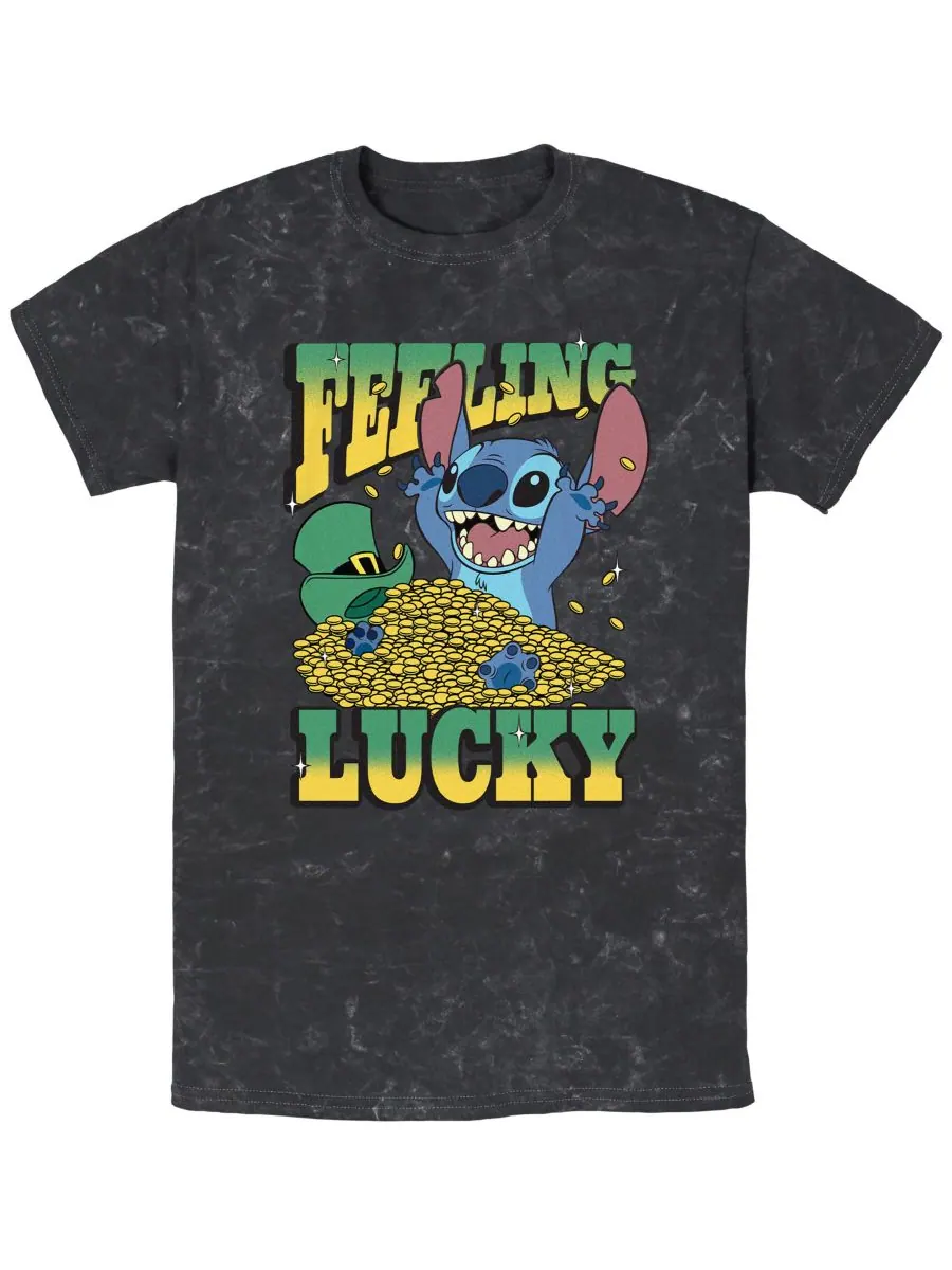 Мужская футболка с коротким рукавом "Luck" с эффектом минеральной стирки Lilo Stitch — черный