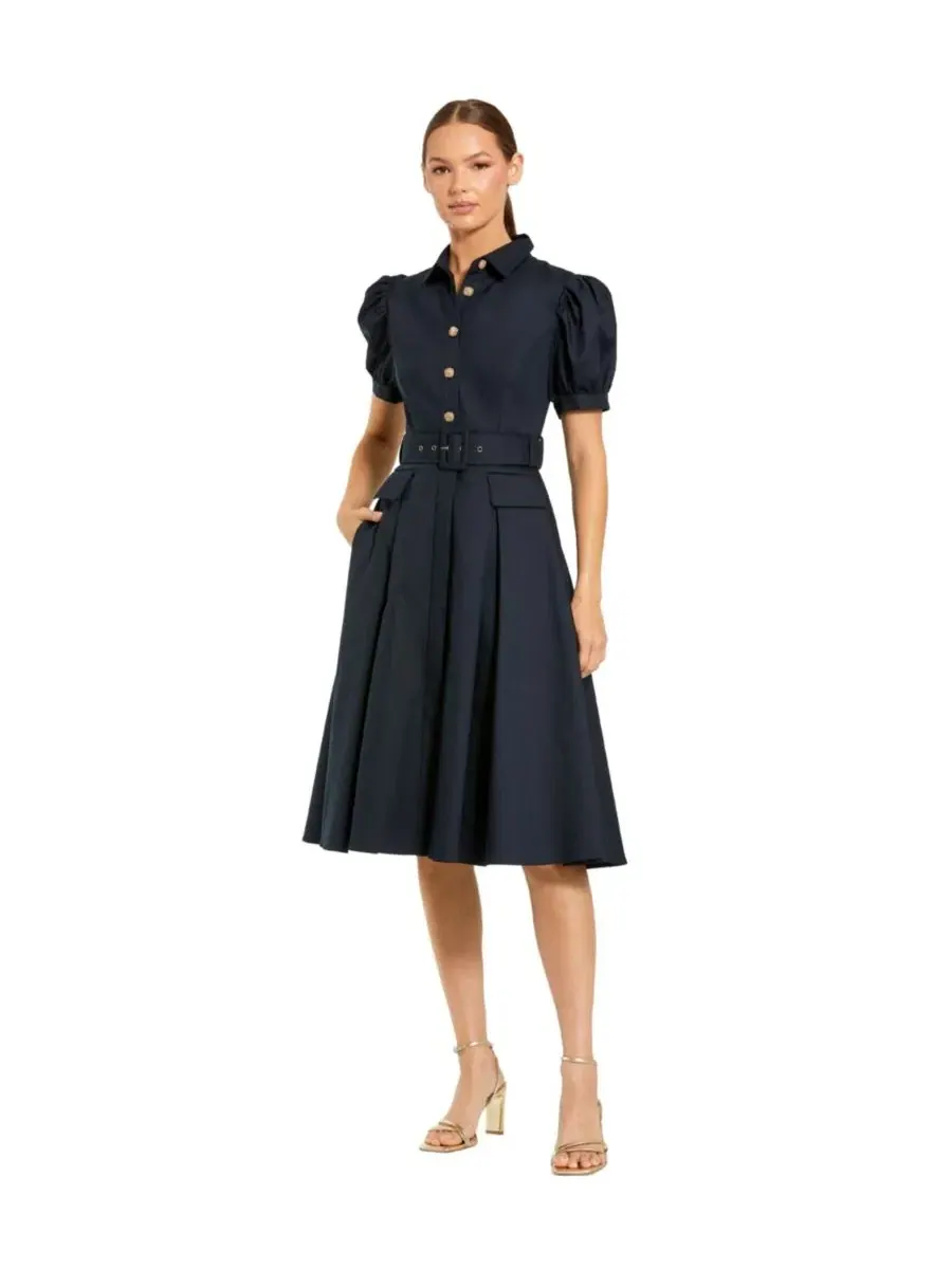Платье-рубашка с поясом, с объемными рукавами, модель Puff Sleeve Shirt Dress Mac Duggal — изображение 1 из 3, синий