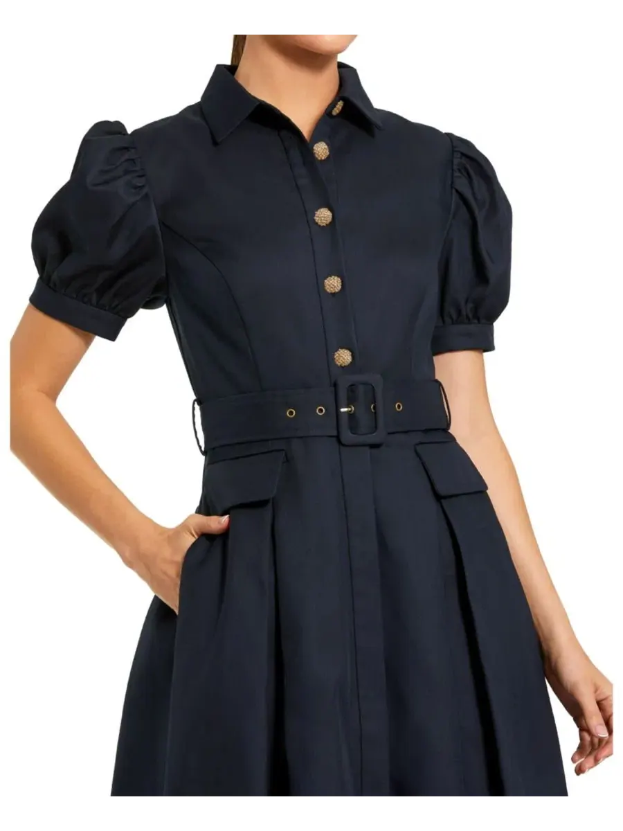 Платье-рубашка с поясом, с объемными рукавами, модель Puff Sleeve Shirt Dress Mac Duggal — изображение 3 из 3, синий