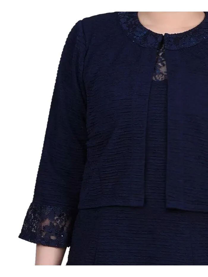 Новинка женского платья из трикотажа и кружева, комплект из 2 предметов NY Collection — изображение 4 из 7, темно-синий