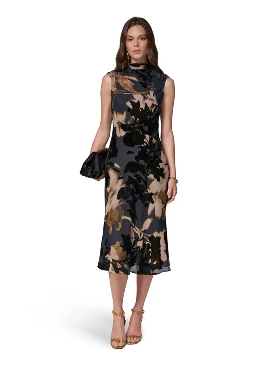 Платье-трапеция A-line миди с принтом Velvet Burnout, модель Floral-Print Donna Karan New York — изображение 1 из 6, мульти