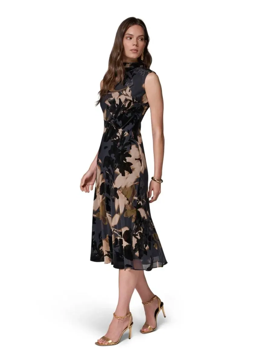 Платье-трапеция A-line миди с принтом Velvet Burnout, модель Floral-Print Donna Karan New York — изображение 2 из 6, мульти