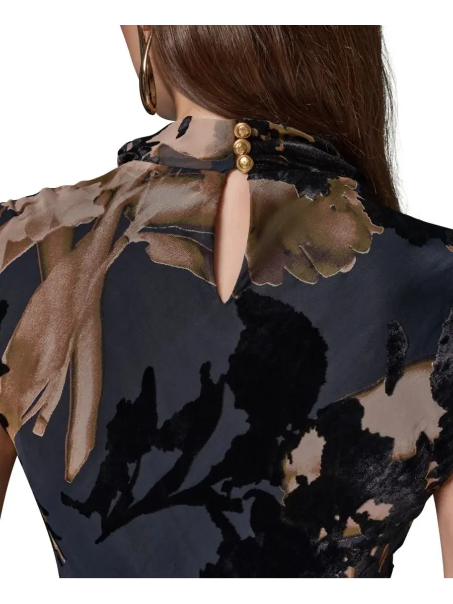 Платье-трапеция A-line миди с принтом Velvet Burnout, модель Floral-Print Donna Karan New York — изображение 4 из 6, мульти