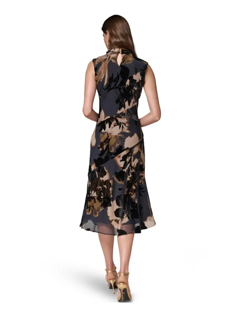Платье-трапеция A-line миди с принтом Velvet Burnout, модель Floral-Print Donna Karan New York — изображение 5 из 6, мульти