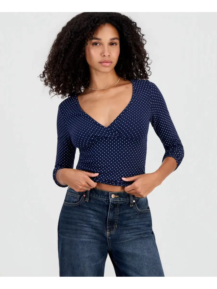 Топ с запахом с длинным рукавом Polkadot Long-Sleeve Surplice Top Madden Girl — изображение 3 из 3, темно-синий