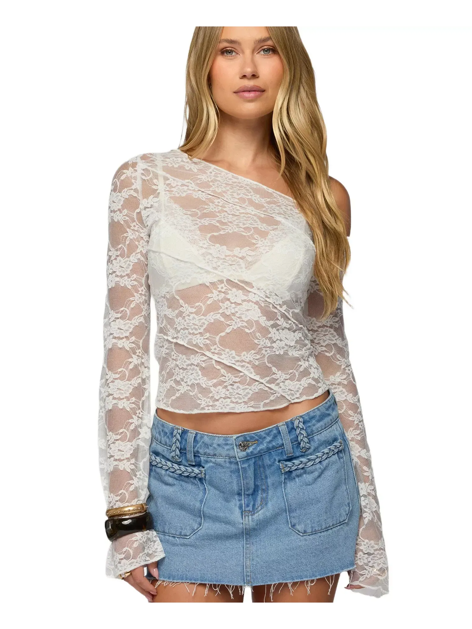 Топ Edikted Stitched Sheer Lace Off Shoulder — изображение 1 из 5, белый