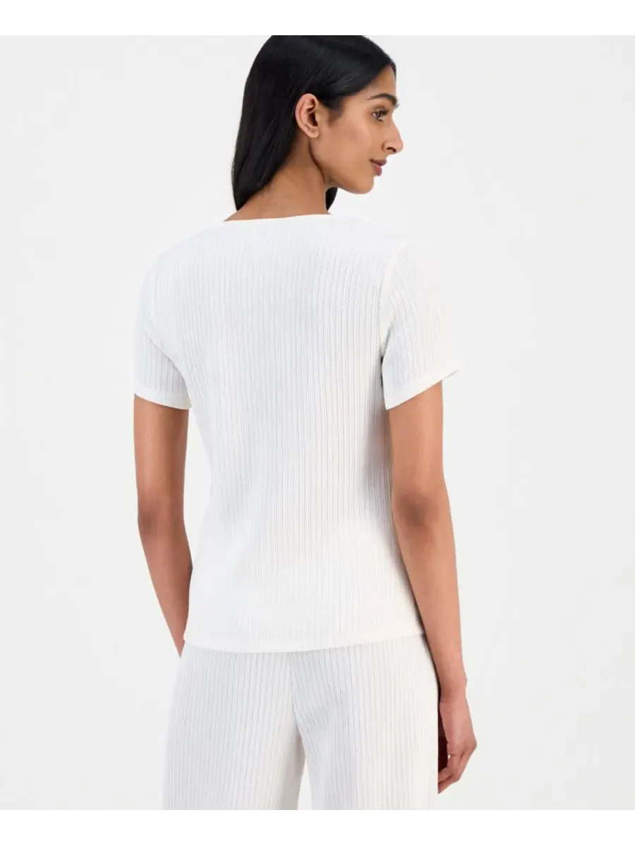 Женский кардиган с короткими рукавами из жатой вязки Anne Klein — изображение 2 из 3, белый