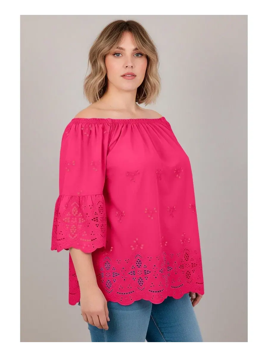 Блуза-туника с открытыми плечами и кружевной отделкой, модель Convertible Eyelet AVENUE — изображение 4 из 4, розовый