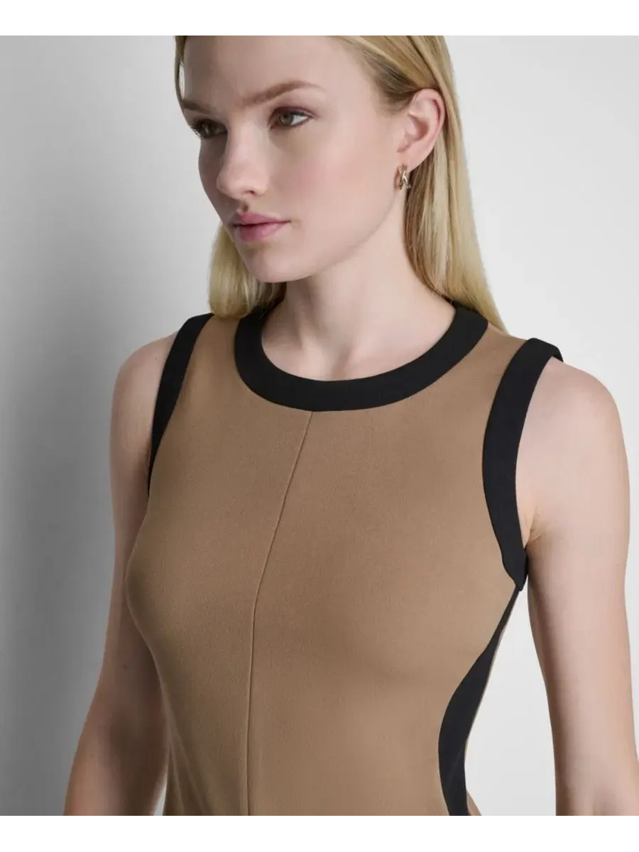 Платье-мини без рукавов с цветовым блоком DKNY — изображение 4 из 5, черный