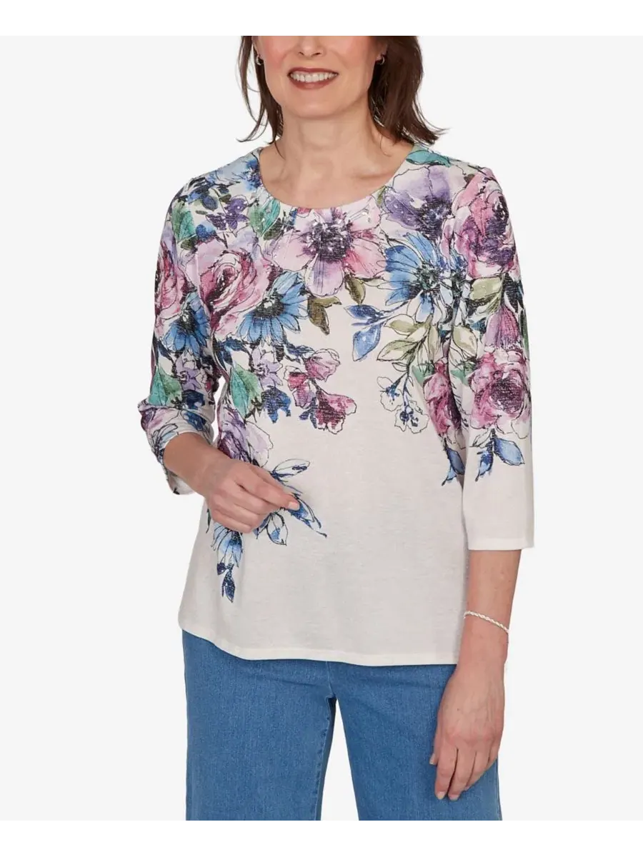Блузка с принтом роз и круглым вырезом, Petite Falling Roses Knit Alfred Dunner — изображение 1 из 5, мульти