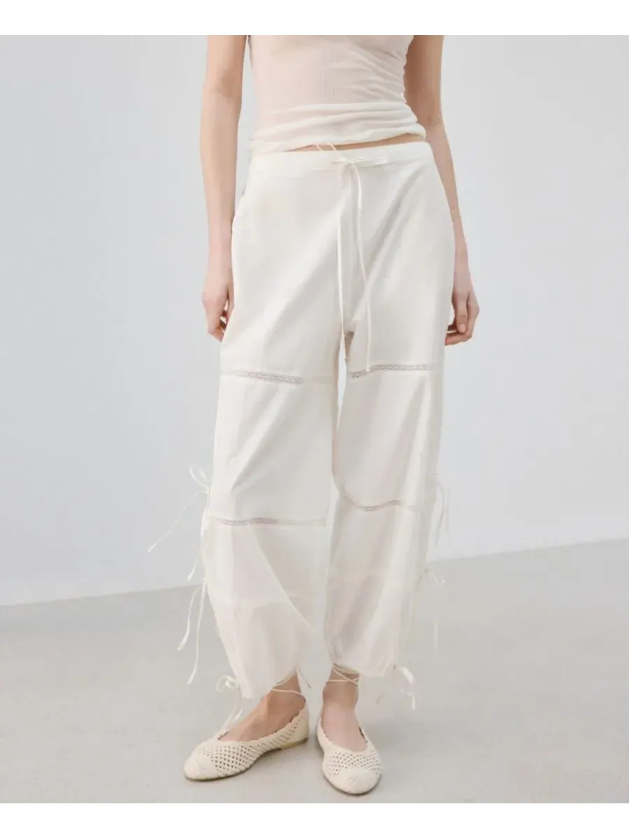 Брюки свободного кроя с завязками Baggy Cotton Pants MANGO — изображение 1 из 6, слоновая кость белый