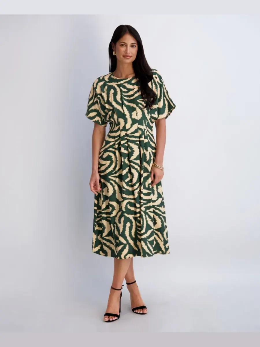Платье миди с принтом, без рукавов, модель Women's Printed Crewneck Midi Dress Kensie — изображение 1 из 4, зеленый/хаки