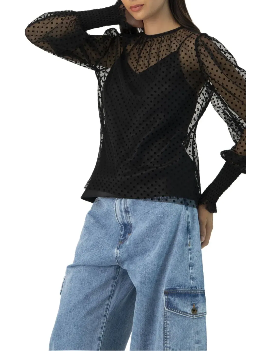 Женская прозрачная блузка в горошек с рукавами-колоколами Ivonne — изображение 3 из 6, черный