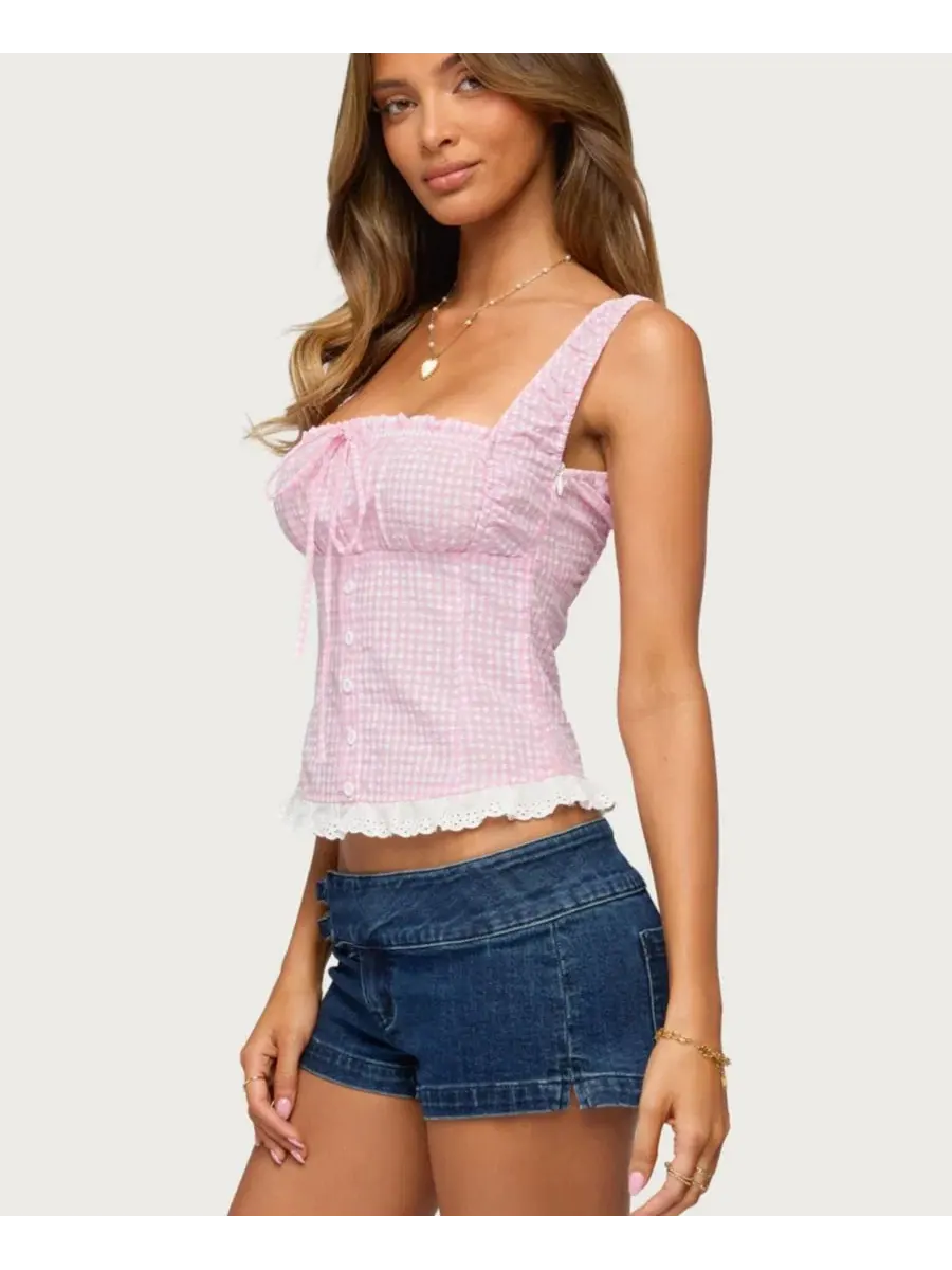 Топ с квадратным вырезом Zeffie Textured Gingham Tie Front Edikted — изображение 4 из 5, розовый--белый