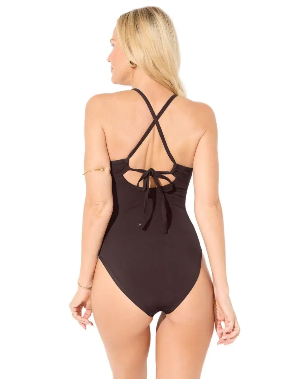 Женский слитный купальник с перекрестной спинкой и высоким воротником Swimsuits For All, эспрессо — изображение 3 из 3